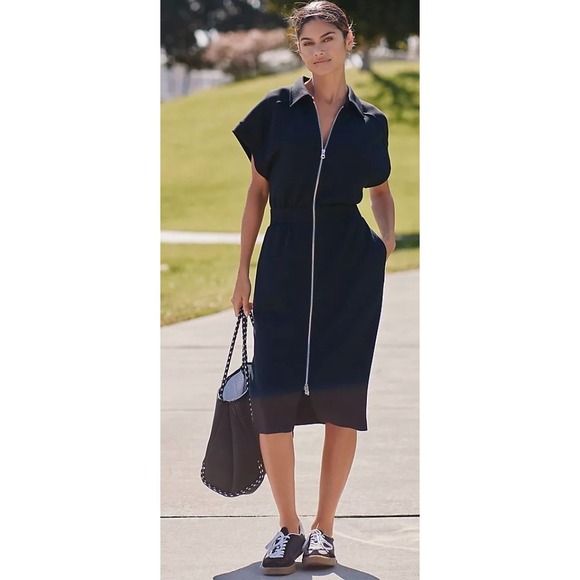 Varley Dresses & Skirts - Varley Louisa Dress WOmens Size Large Black Zip Through Midi Pockets NWT $188